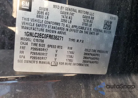 2015 Chevrolet Tahoe Police из США, поврежденный, VIN 1GNLC2EC0FR636271